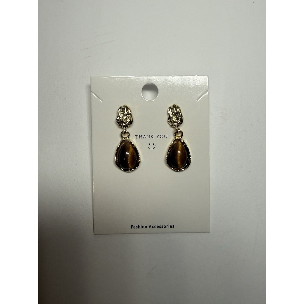 Gold Drop Teardrop Earrings with Amber Glass Stone - Women Jewelry